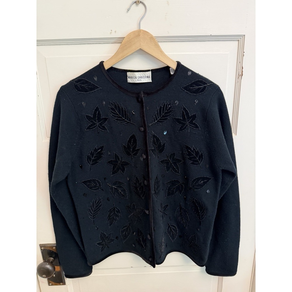 Marisa Christina Vintage Black Wool Blend Leaf Appliqué Beaded Cardigan Size MP